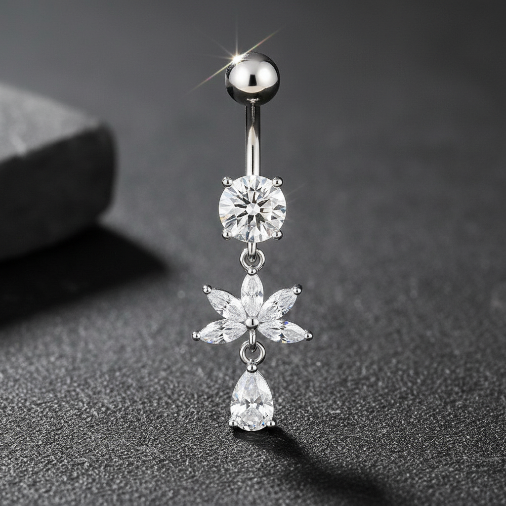 CZ Flower Titanium Belly Button Piercing